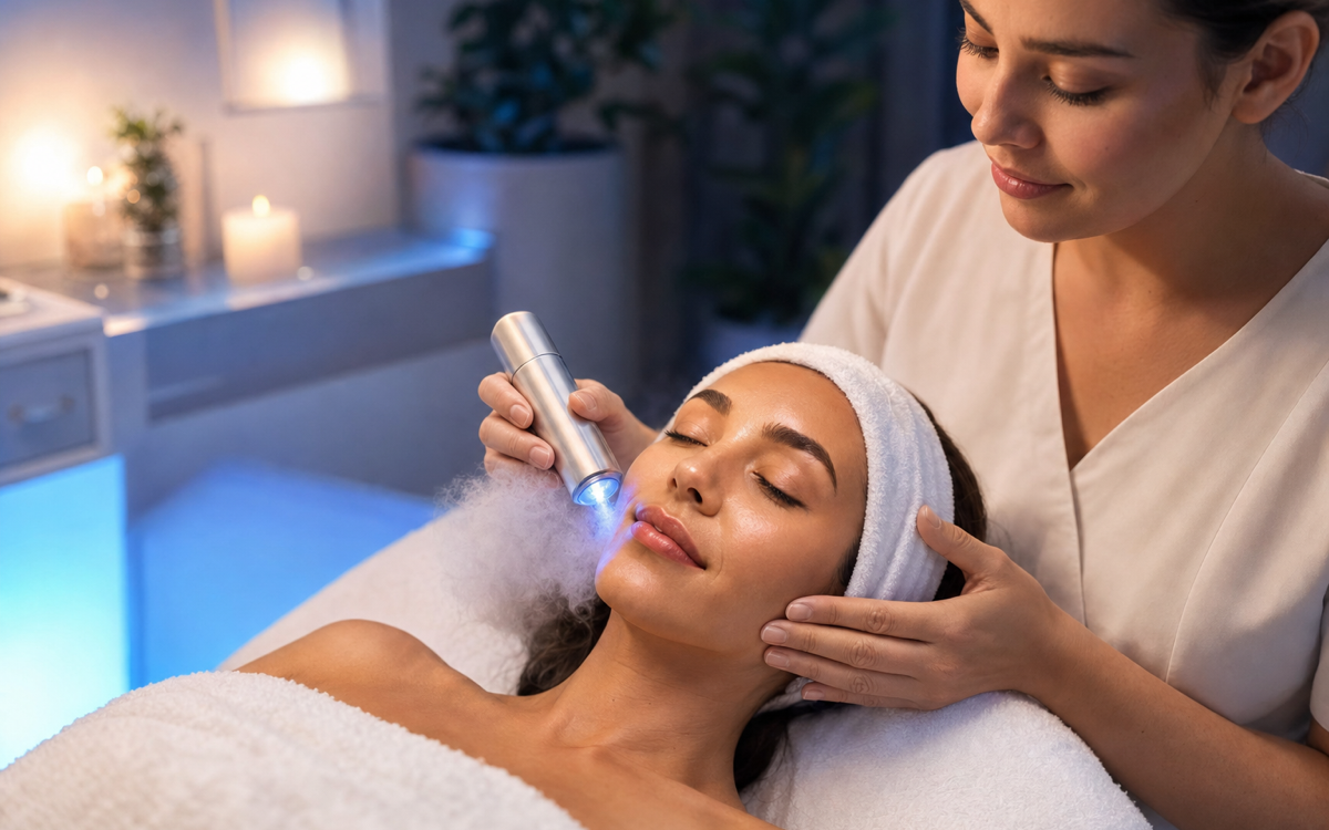 A client receiving a calming cryo facial treatment at The Cryo Clinic in Rossendale.