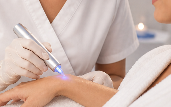 Close-up of a CryoPen device used to treat a benign skin lesion at The Cryo Clinic.